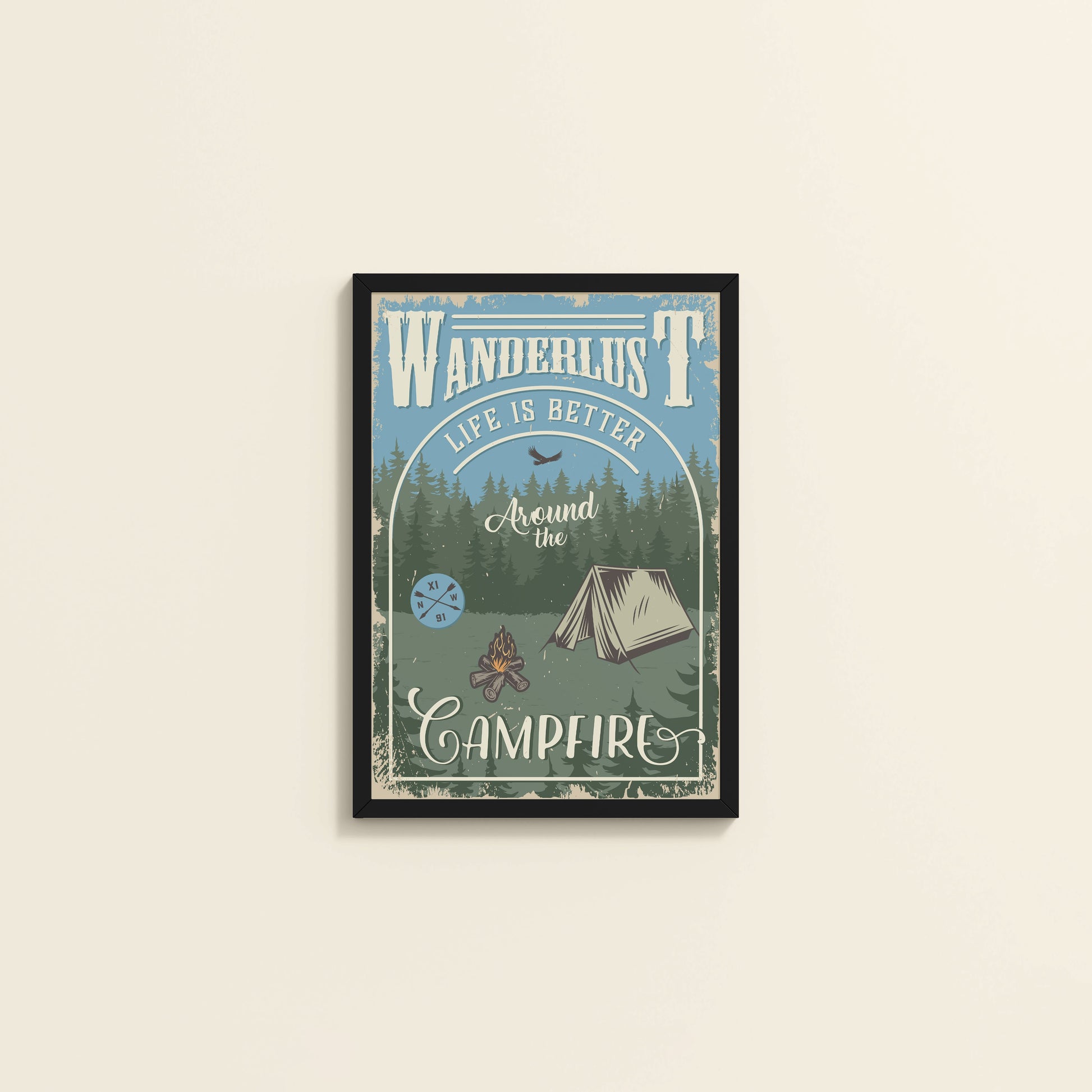 Wall View of Wanderlust Life Around the Campfire Wall Art in Black Color Frame