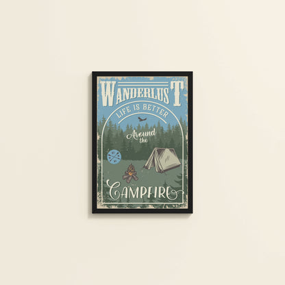 Wall View of Wanderlust Life Around the Campfire Wall Art in Black Color Frame