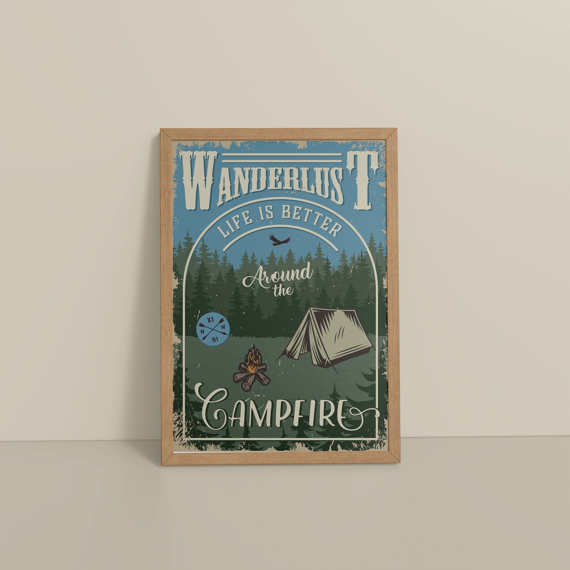Floor View of Wanderlust Life Around the Campfire Wall Art in Natrual Color Frame