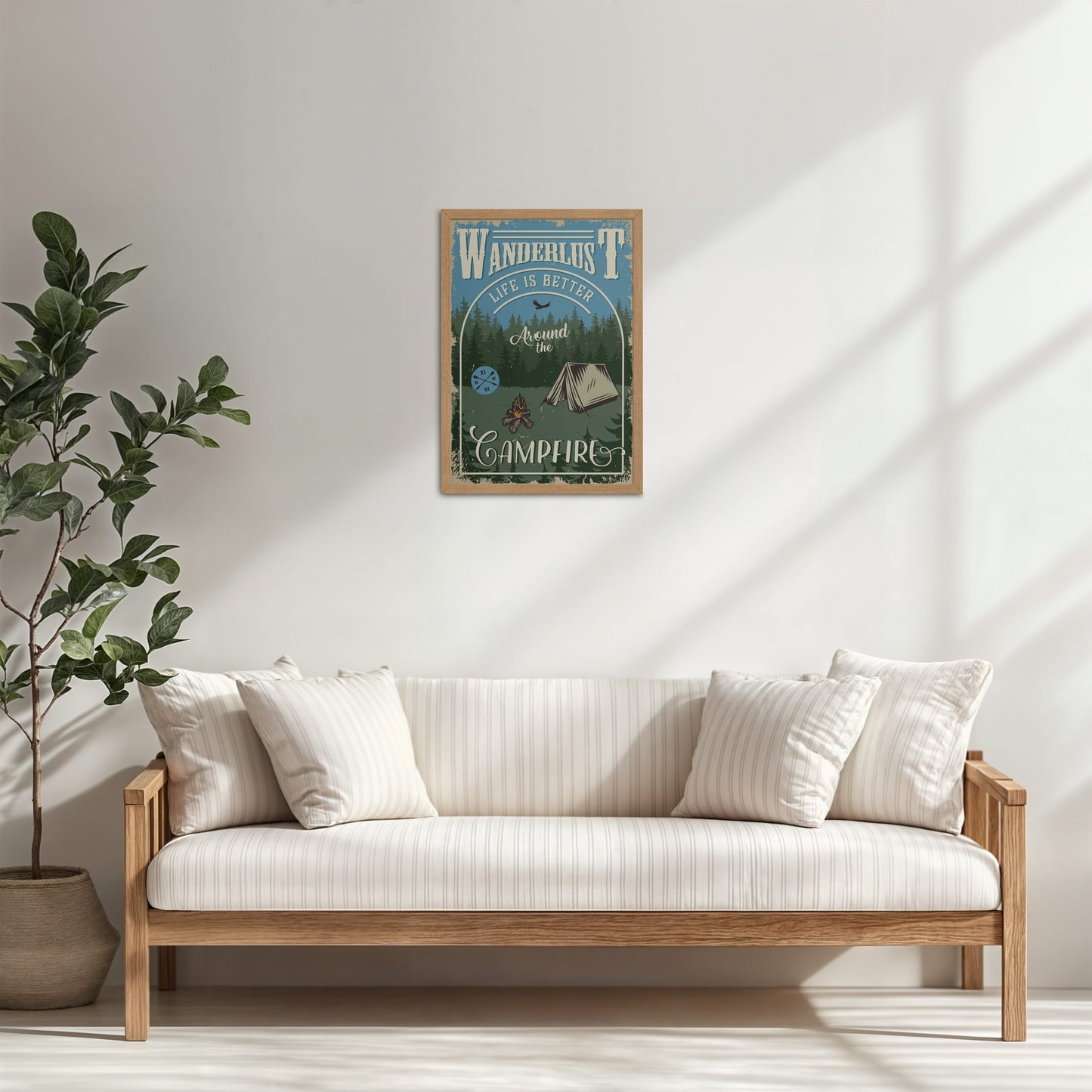 Living Room Cabinet Table Preview of Wanderlust Life Around the Campfire Wall Art in Natrual Color Frame