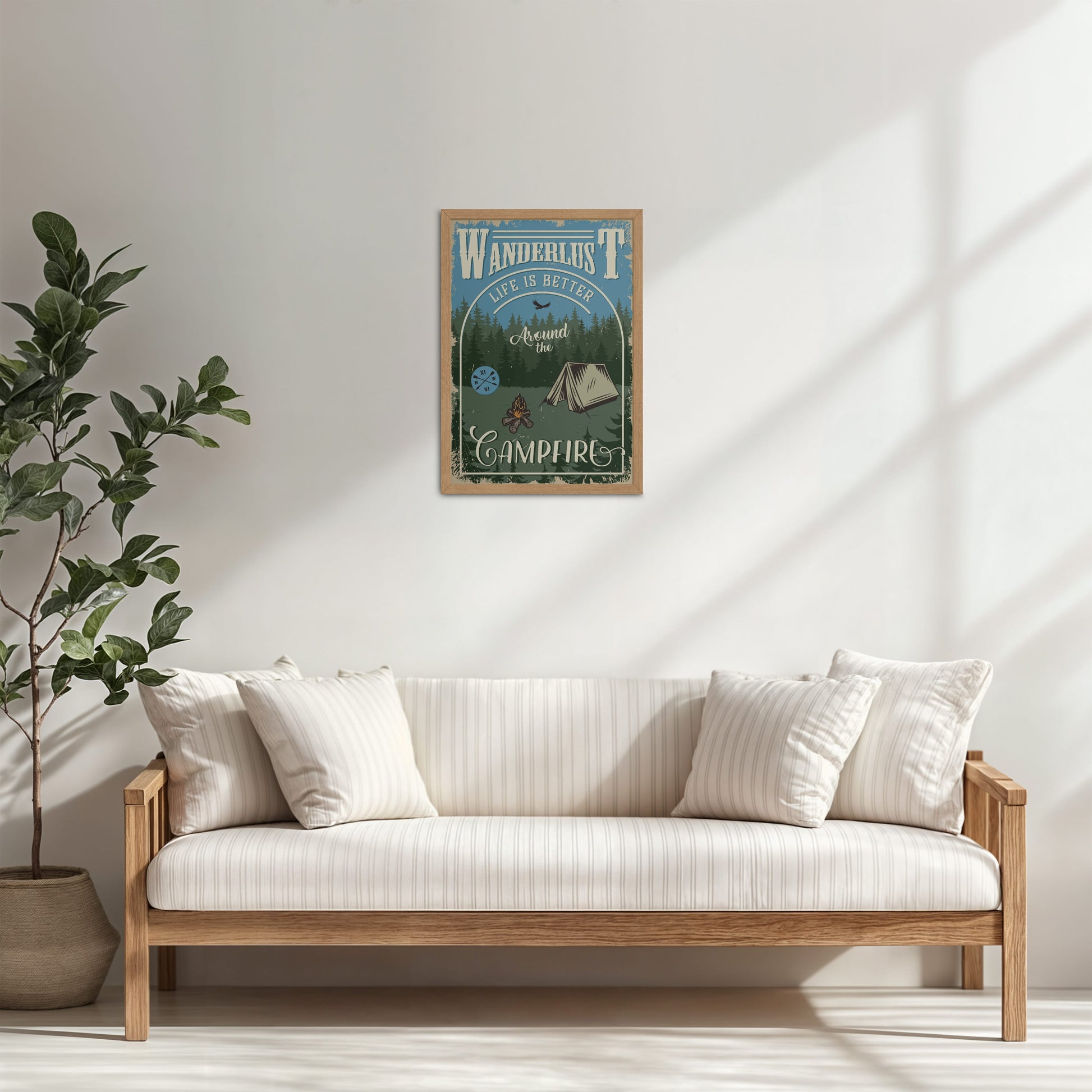 Living Room Cabinet Table Preview of Wanderlust Life Around the Campfire Wall Art in Natrual Color Frame
