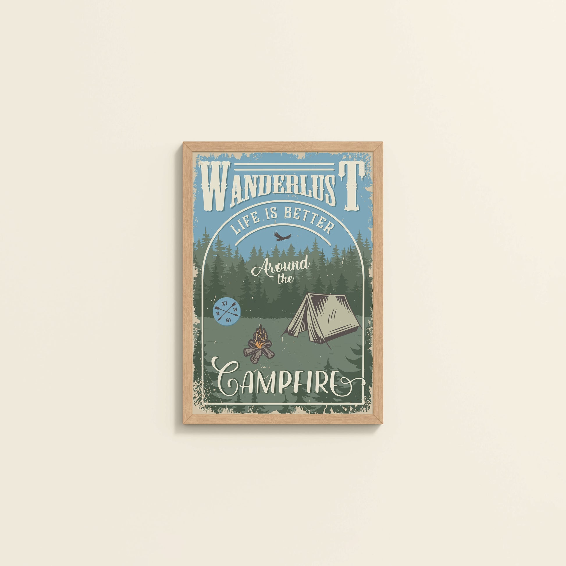 Wall View of Wanderlust Life Around the Campfire Wall Art in Natrual Color Frame