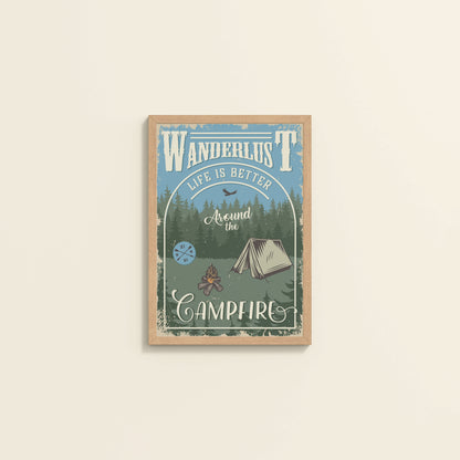 Wall View of Wanderlust Life Around the Campfire Wall Art in Natrual Color Frame