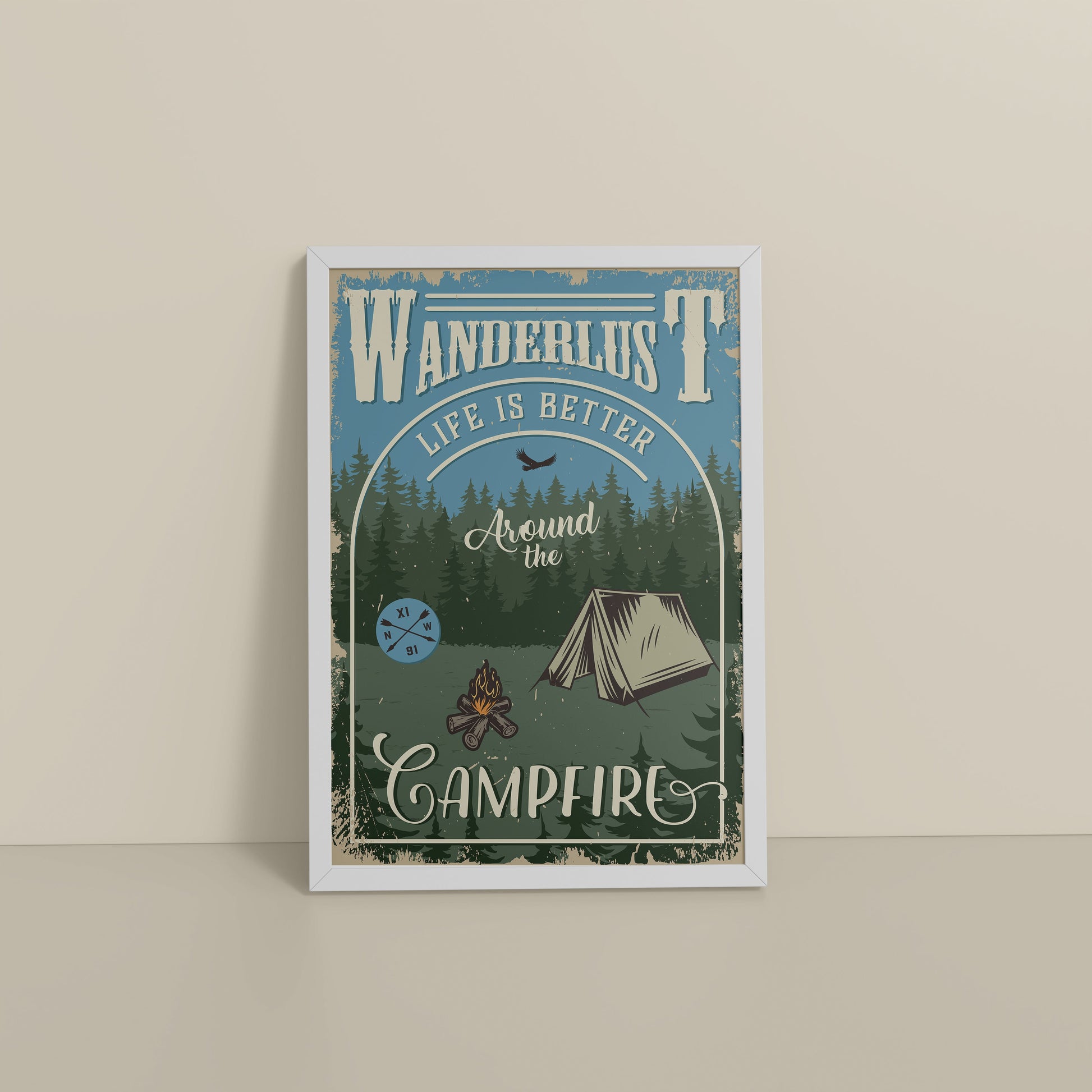 Floor View of Wanderlust Life Around the Campfire Wall Art in White Color Frame