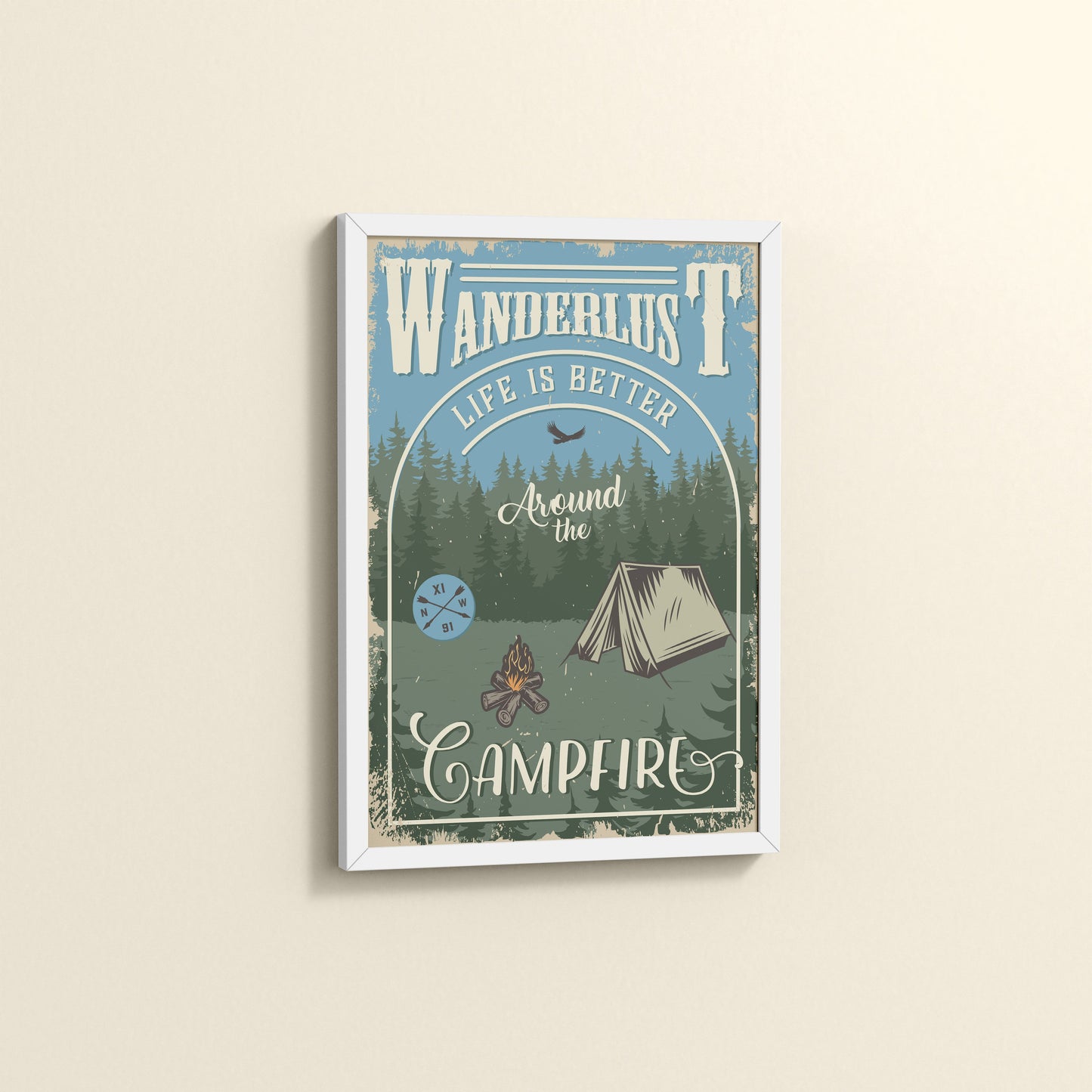 Side View of Wanderlust Life Around the Campfire Wall Art in White Color Frame