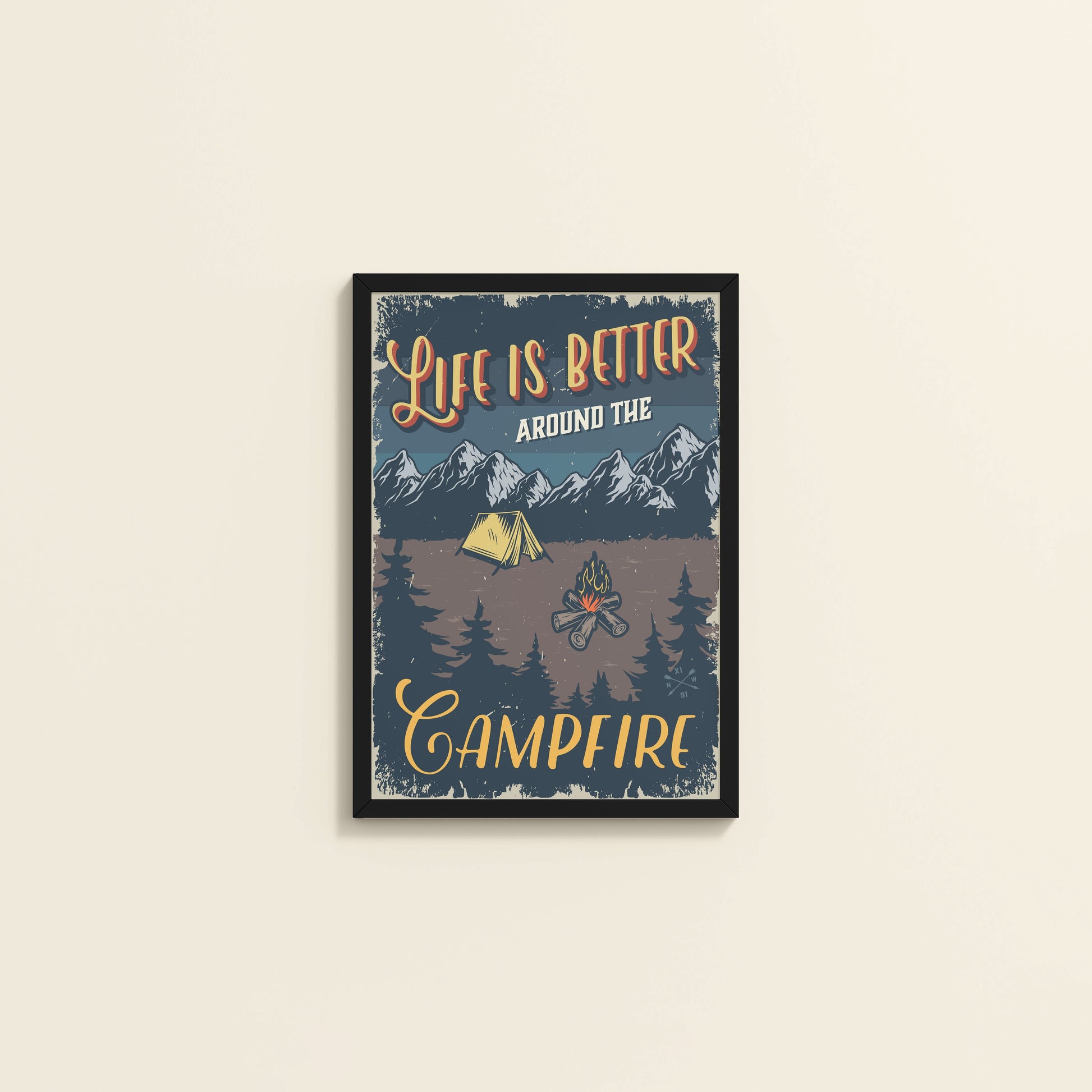 Wall View of Life is Better Around the Campfire Wall Art Decor in Black Color Frame