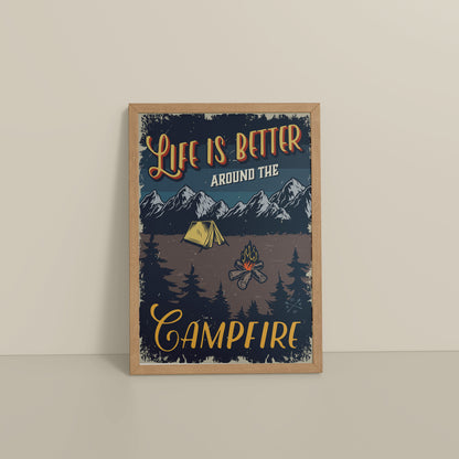 Floor View of Life is Better Around the Campfire Wall Art Decor in Natrual Color Frame