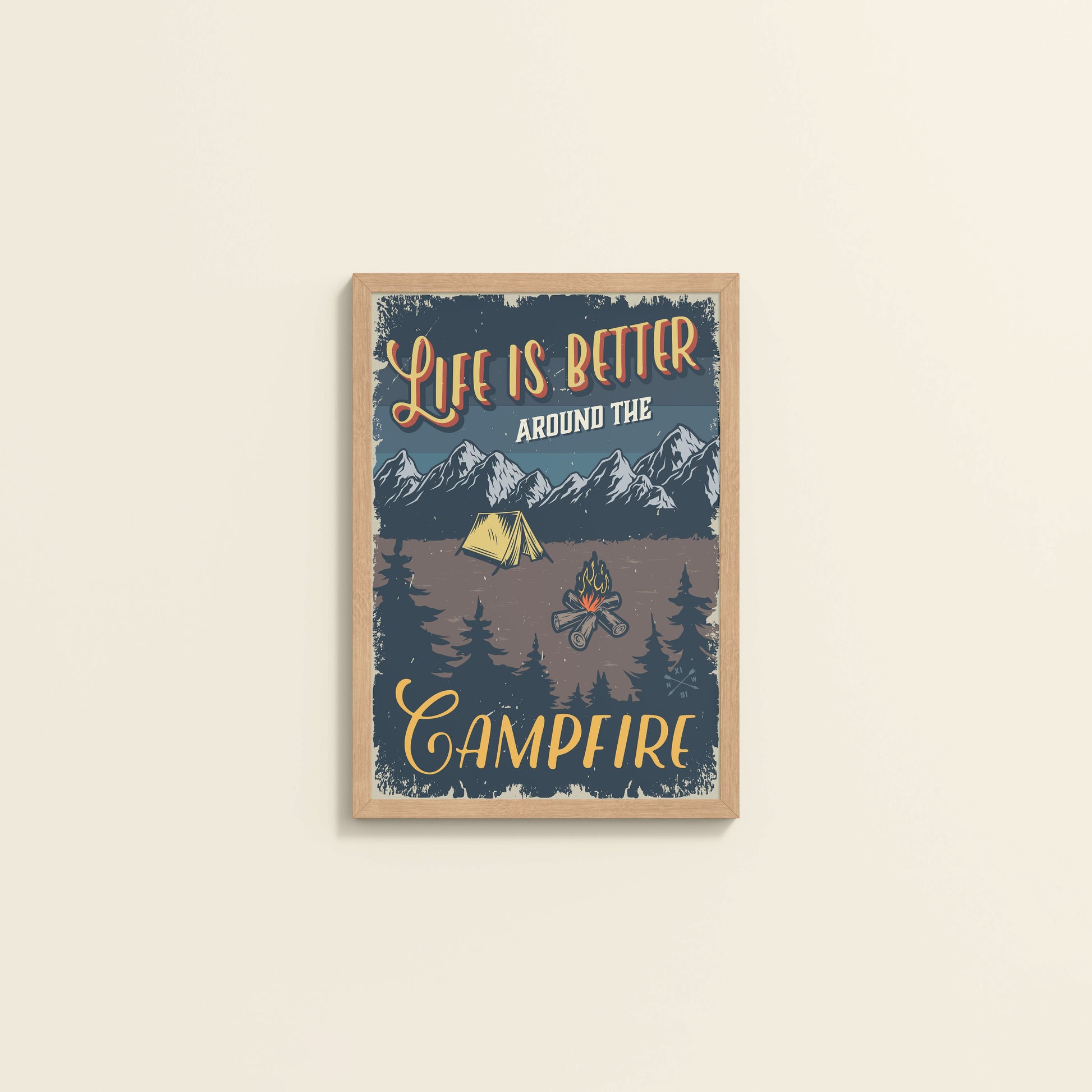 Wall View of Life is Better Around the Campfire Wall Art Decor in Natrual Color Frame