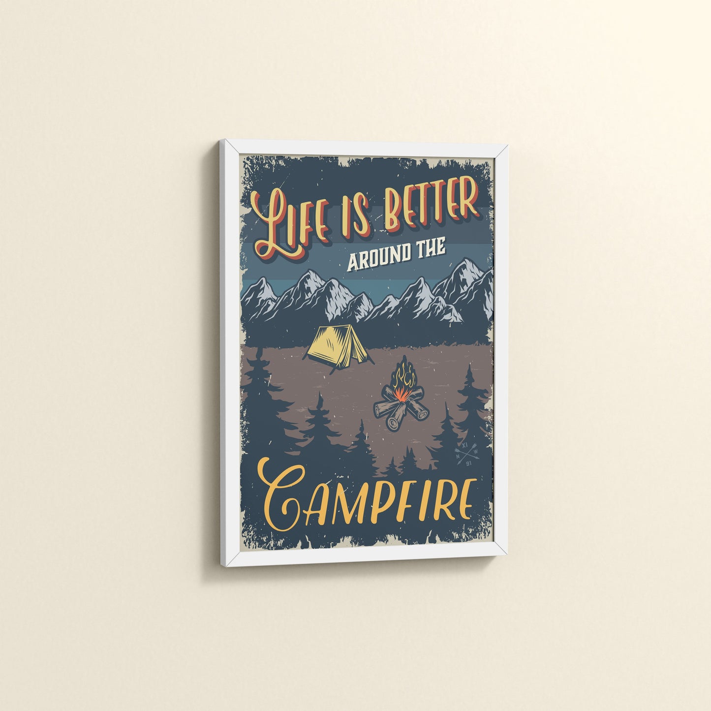 Side View of Life is Better Around the Campfire Wall Art Decor in White Color Frame