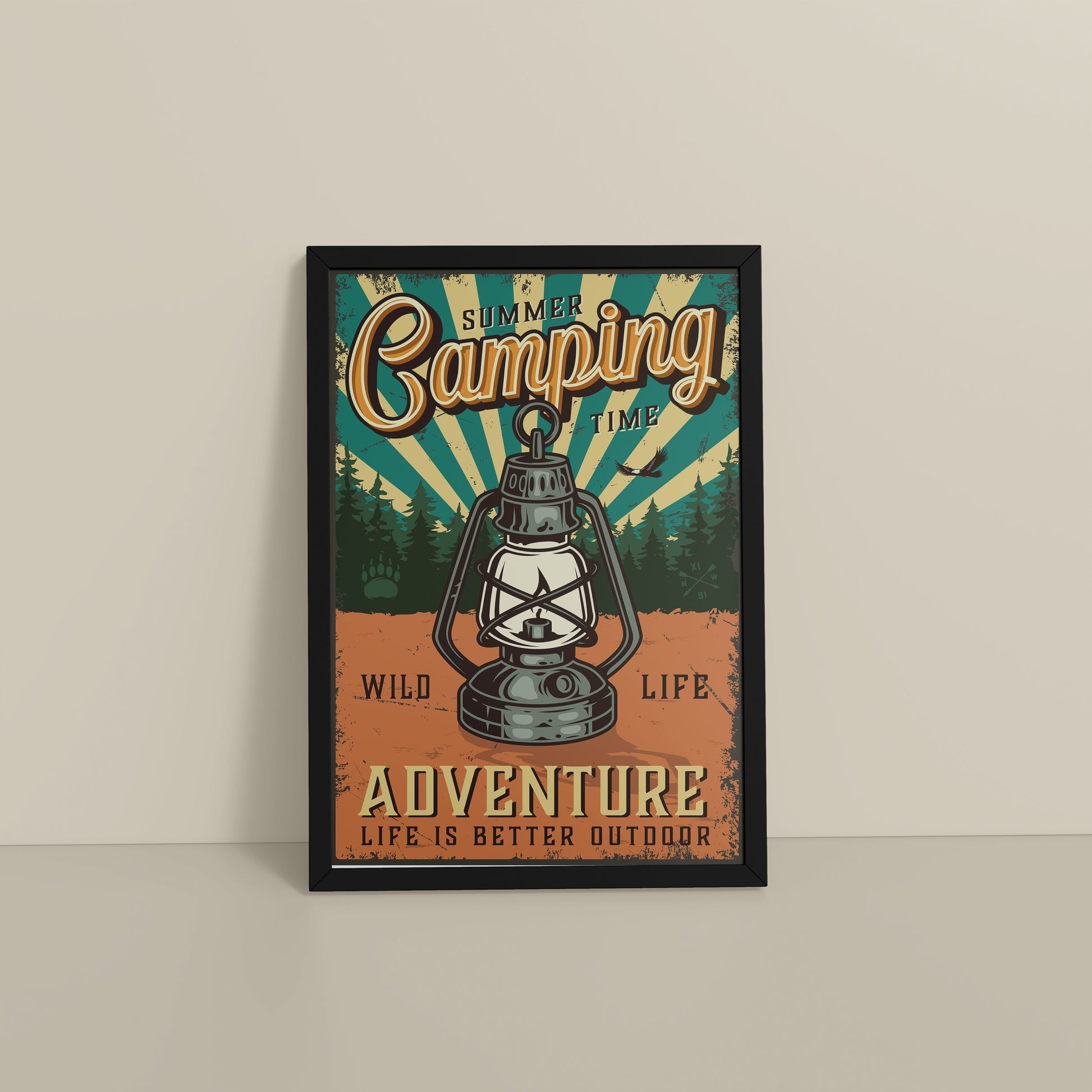Floor View of Wildlife Adventure – Summer Camping Wall Decor in Black Color Frame