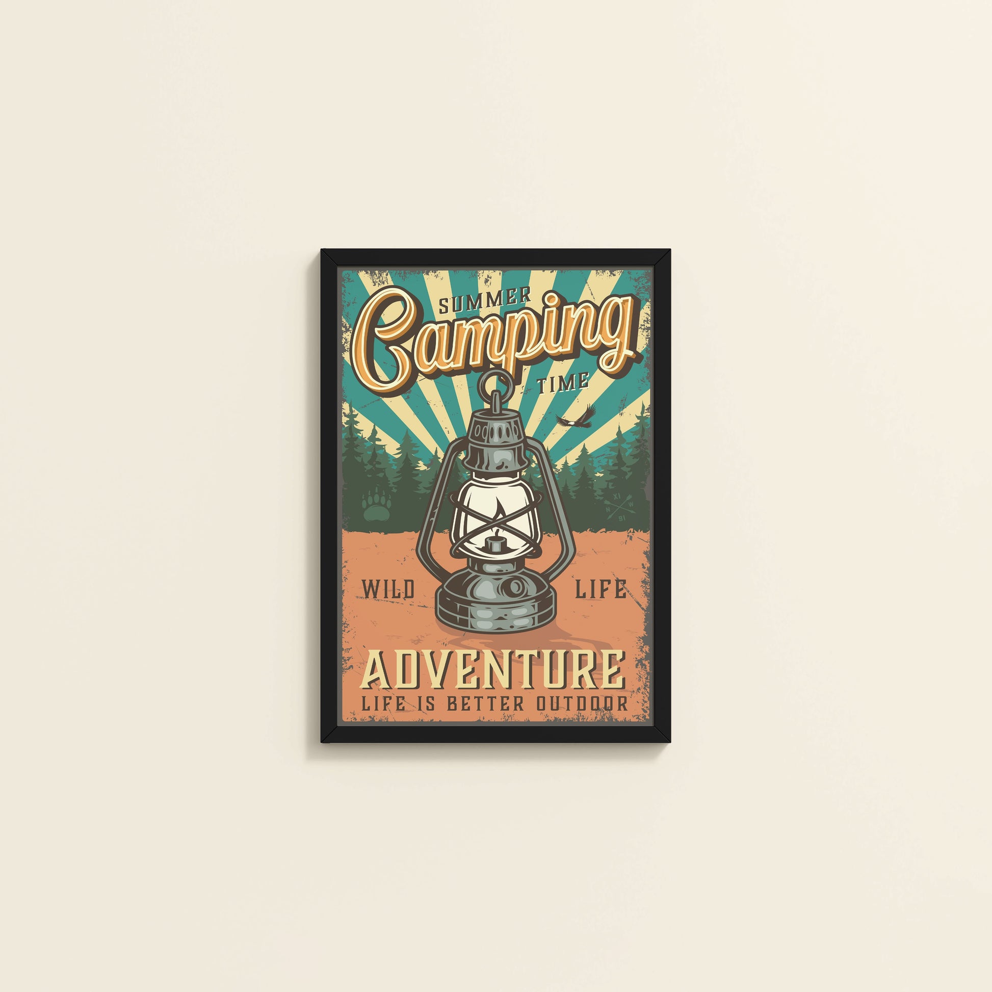 Wall View of Wildlife Adventure – Summer Camping Wall Decor in Black Color Frame