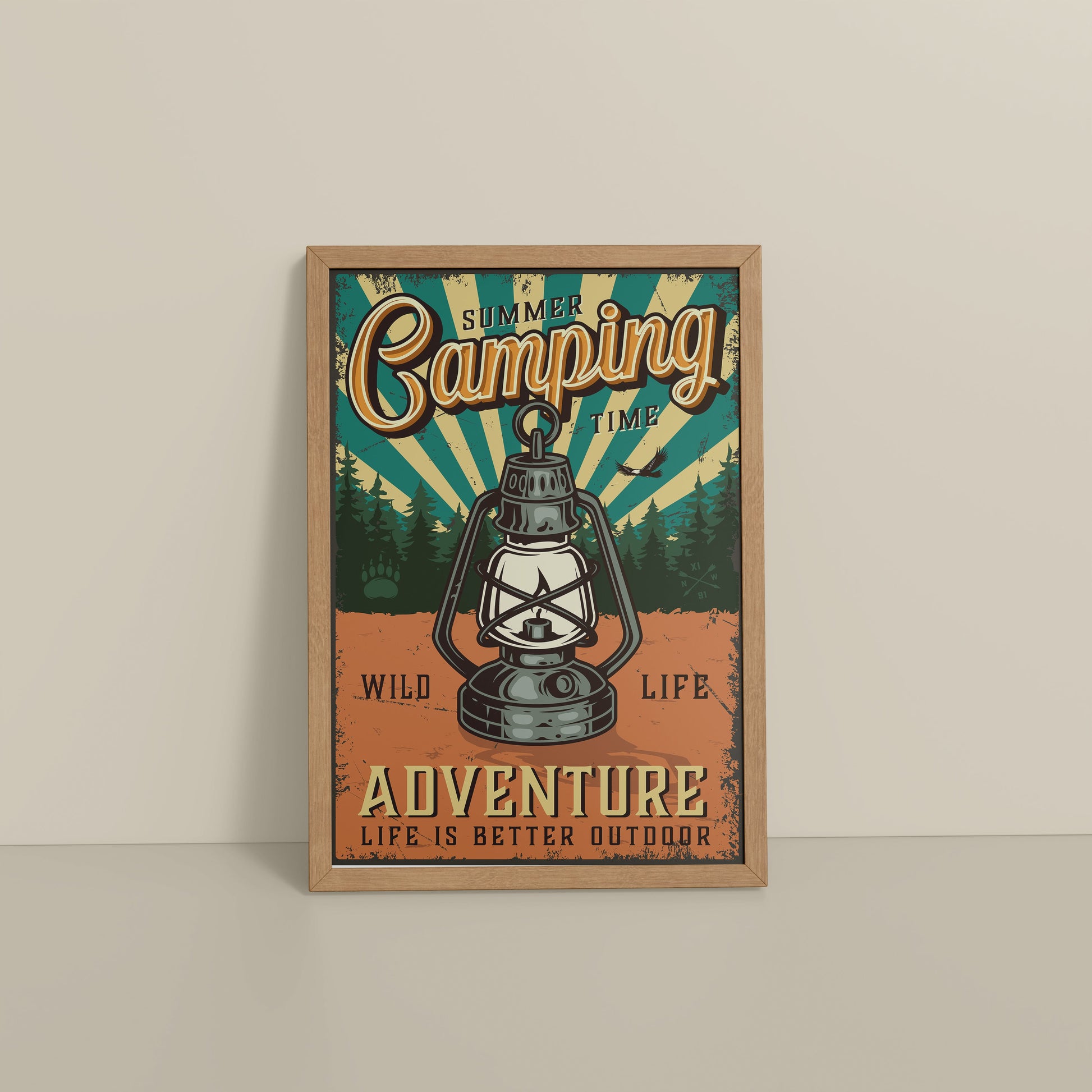 Floor View of Wildlife Adventure – Summer Camping Wall Decor in Natrual Color Frame