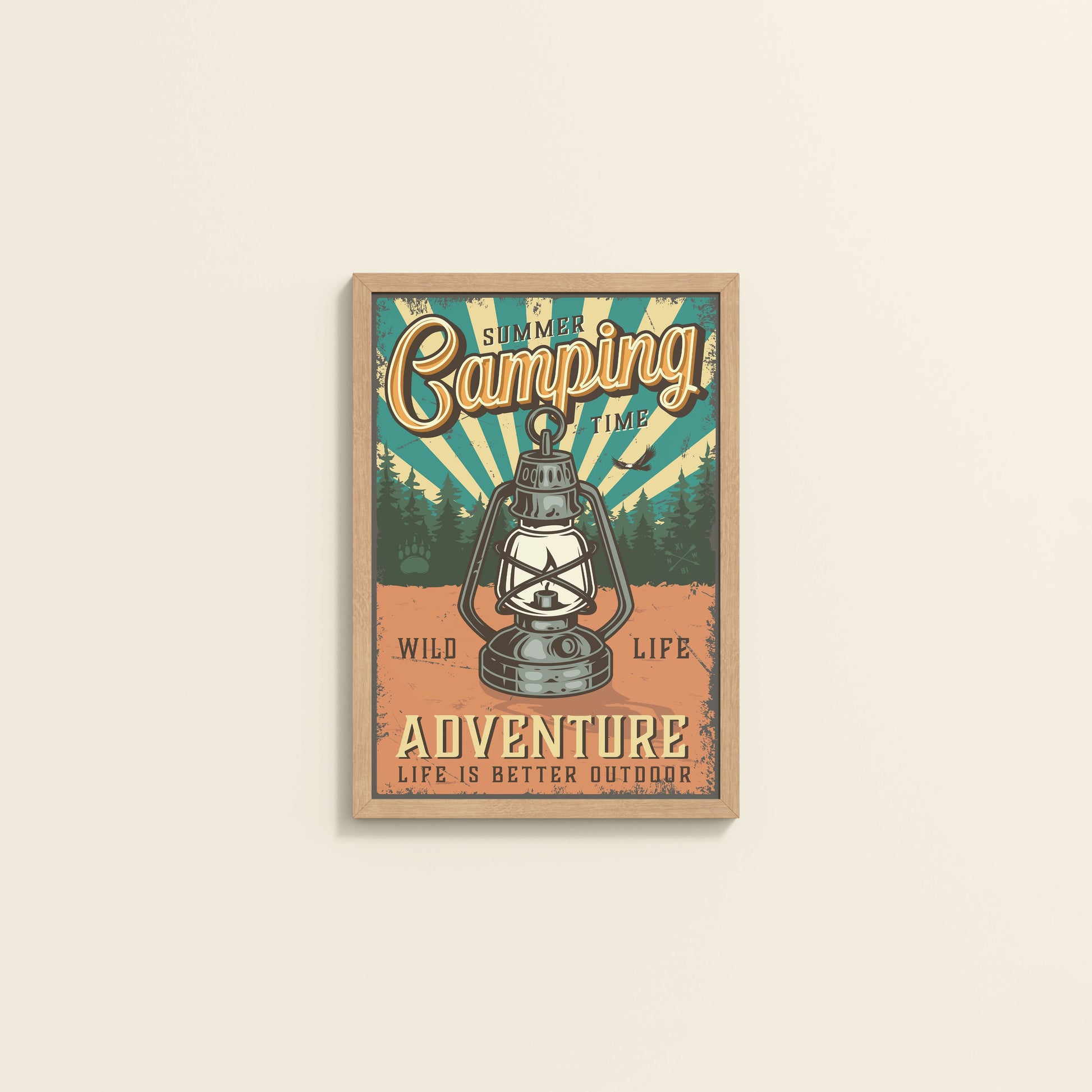 Wall View of Wildlife Adventure – Summer Camping Wall Decor in Natrual Color Frame