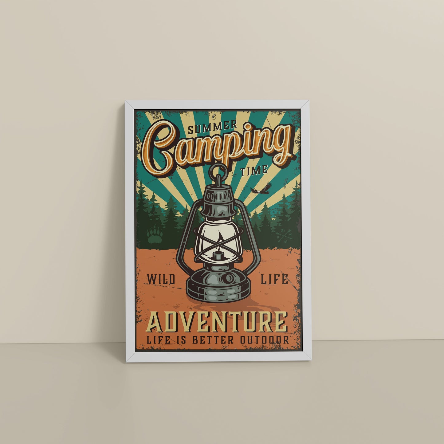 Floor View of Wildlife Adventure – Summer Camping Wall Decor in White Color Frame