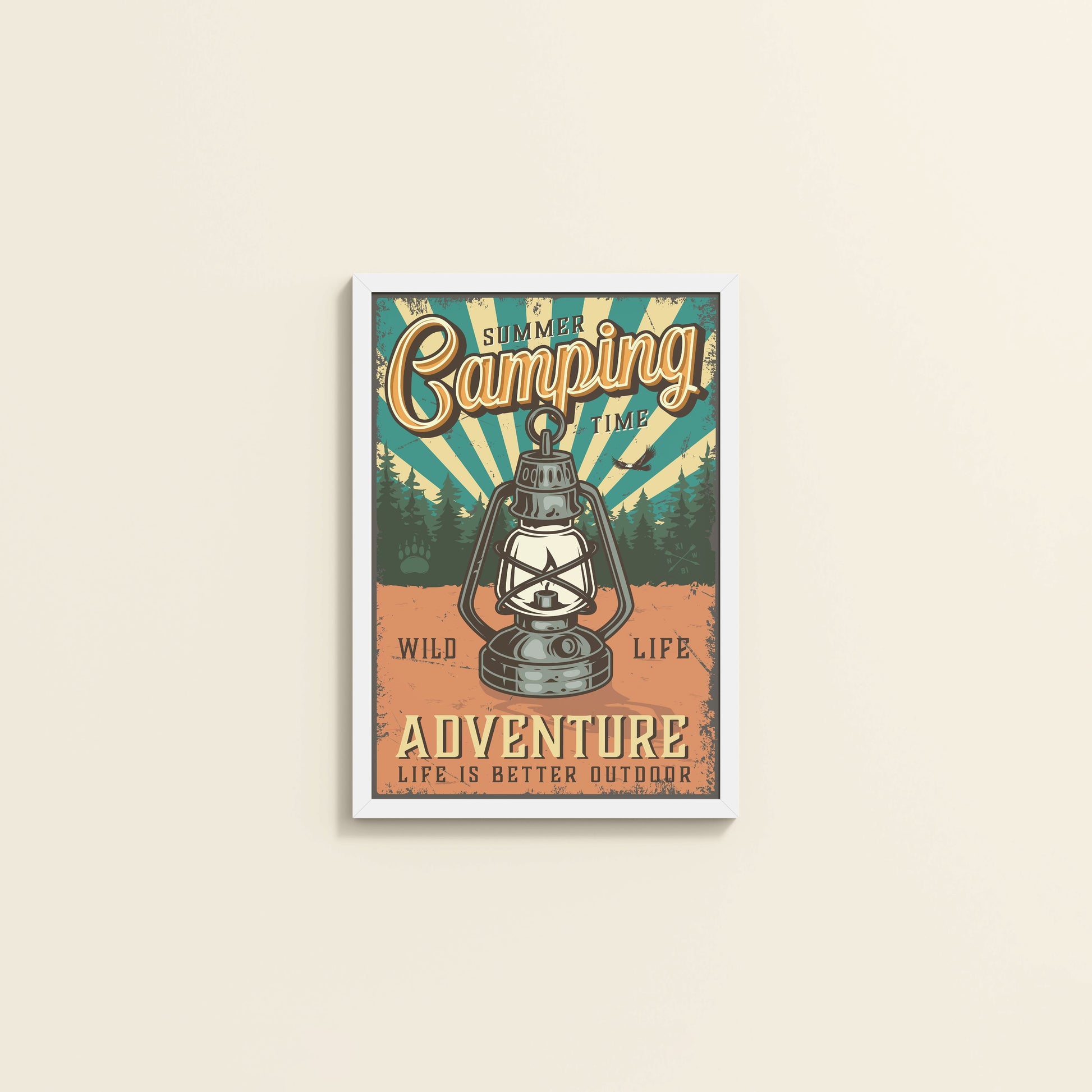 Wall View of Wildlife Adventure – Summer Camping Wall Decor in White Color Frame