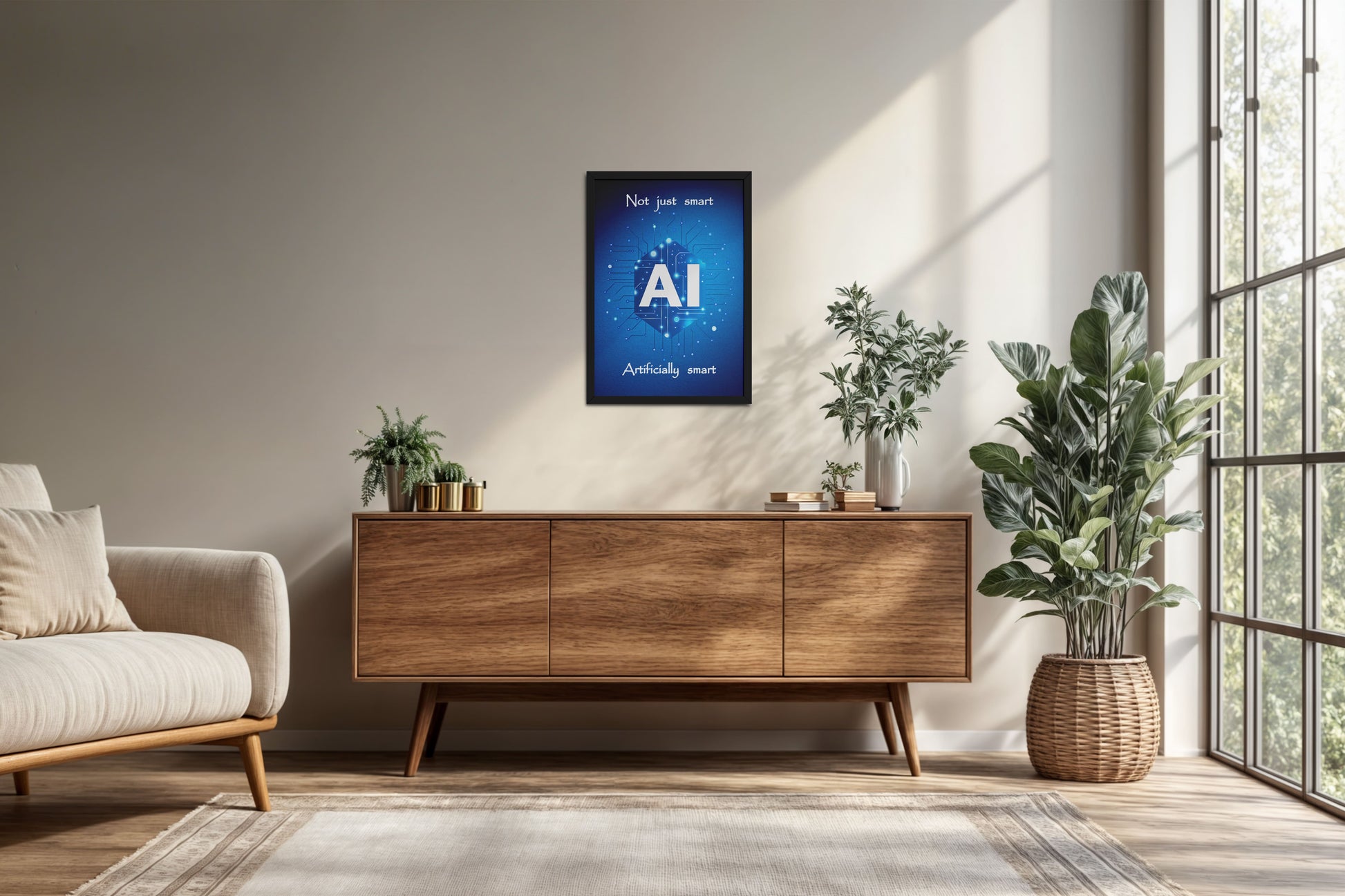 Living Room Cabinet Preview of Artificially Smart – AI Quote Wall Art Frame in Black Color Frame