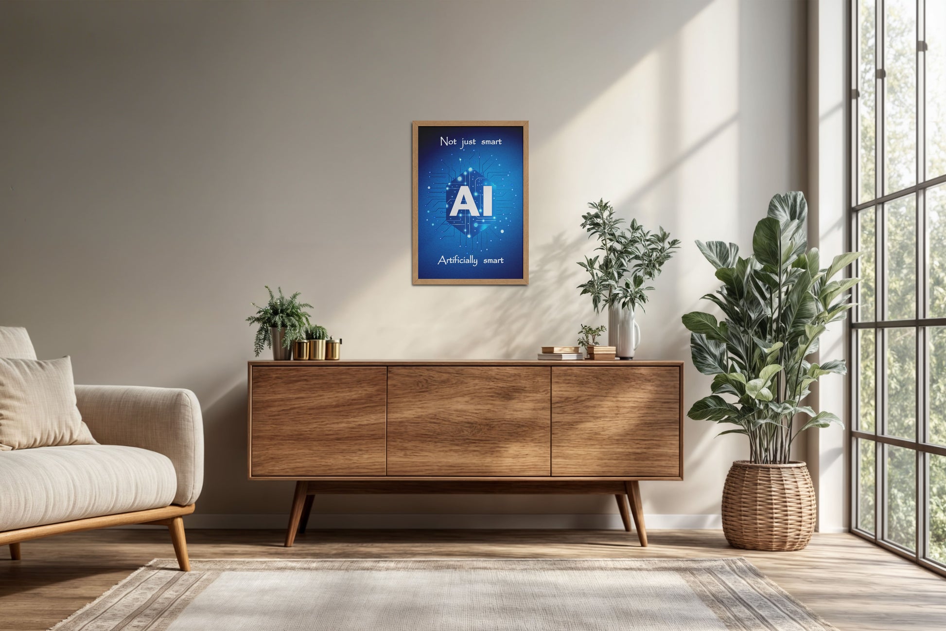 Living Room Cabinet Preview of Artificially Smart – AI Quote Wall Art Frame in Natrual Color Frame