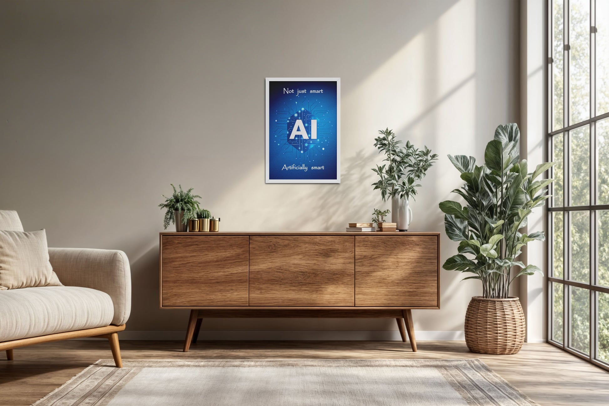 Living Room Cabinet Preview of Artificially Smart – AI Quote Wall Art Frame in White Color Frame