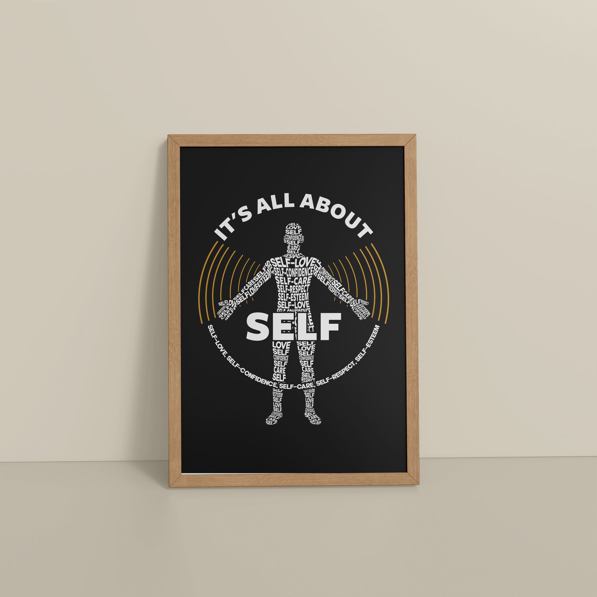 Floor View of Inner Focus – It's All About Self Motivational Quote Wall Frame in Natrual Color Frame