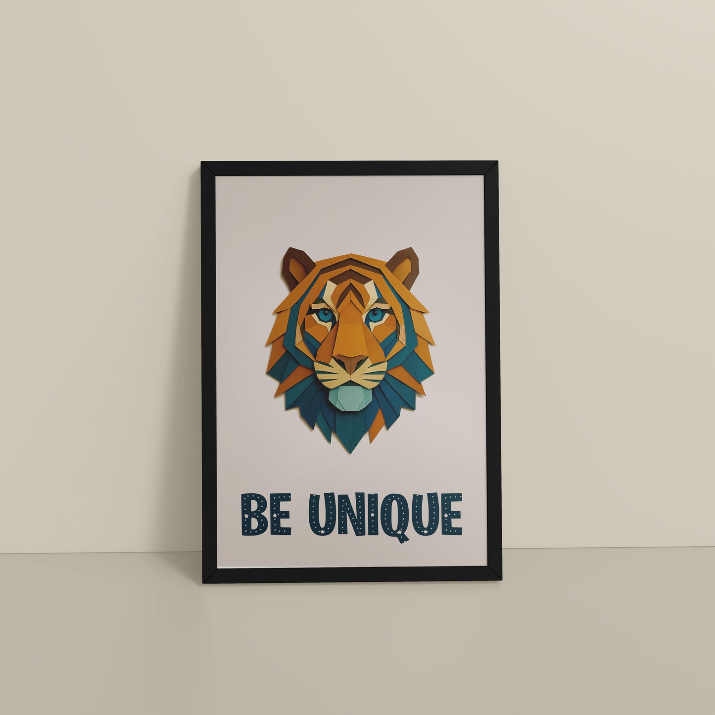 Floor View of Be Unique Geometric Tiger Wall Art Frame in Black Color Frame
