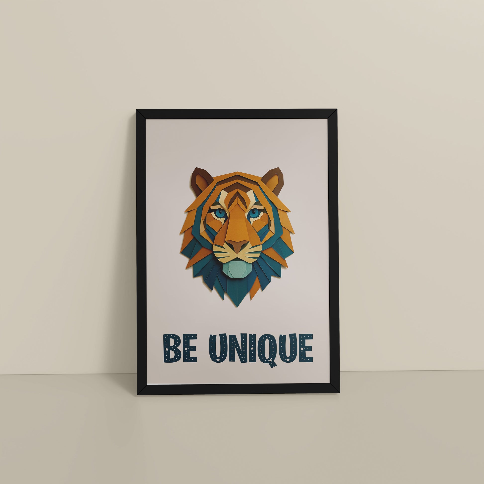 Floor View of Be Unique Geometric Tiger Wall Art Frame in Black Color Frame