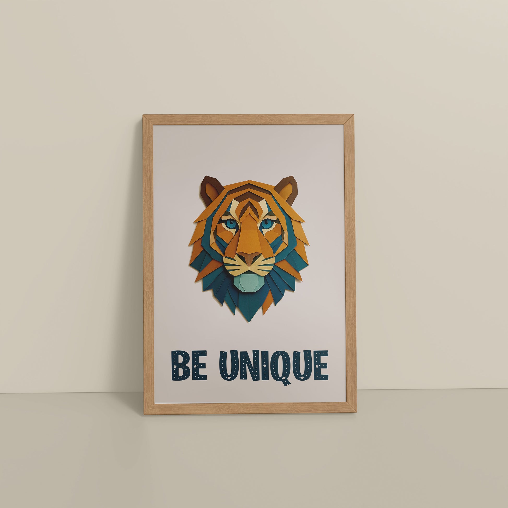 Floor View of Be Unique Geometric Tiger Wall Art Frame in Natrual Color Frame
