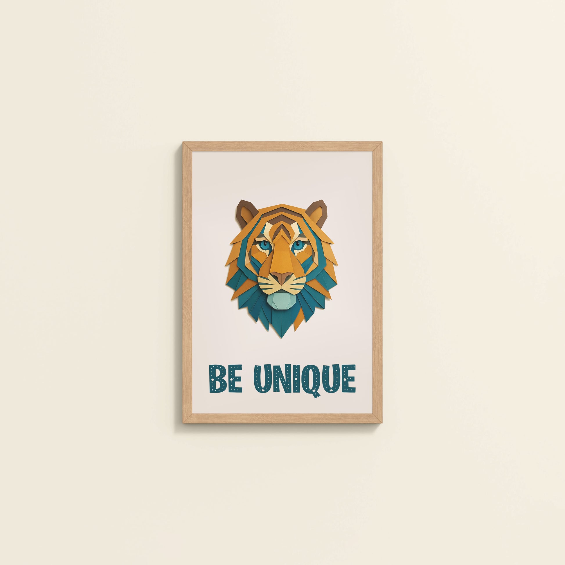Wall View of Be Unique Geometric Tiger Wall Art Frame in Natrual Color Frame