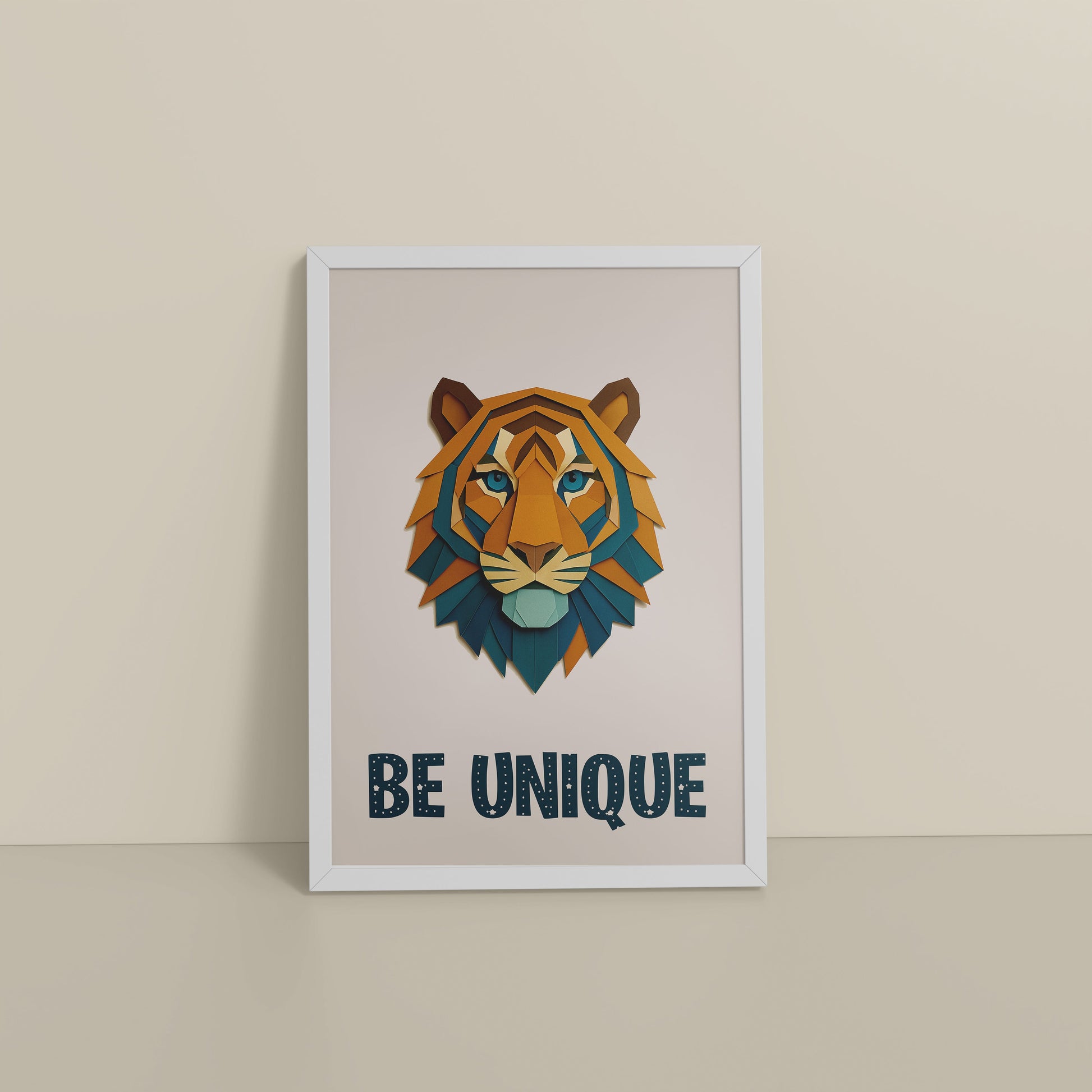 Floor View of Be Unique Geometric Tiger Wall Art Frame in White Color Frame
