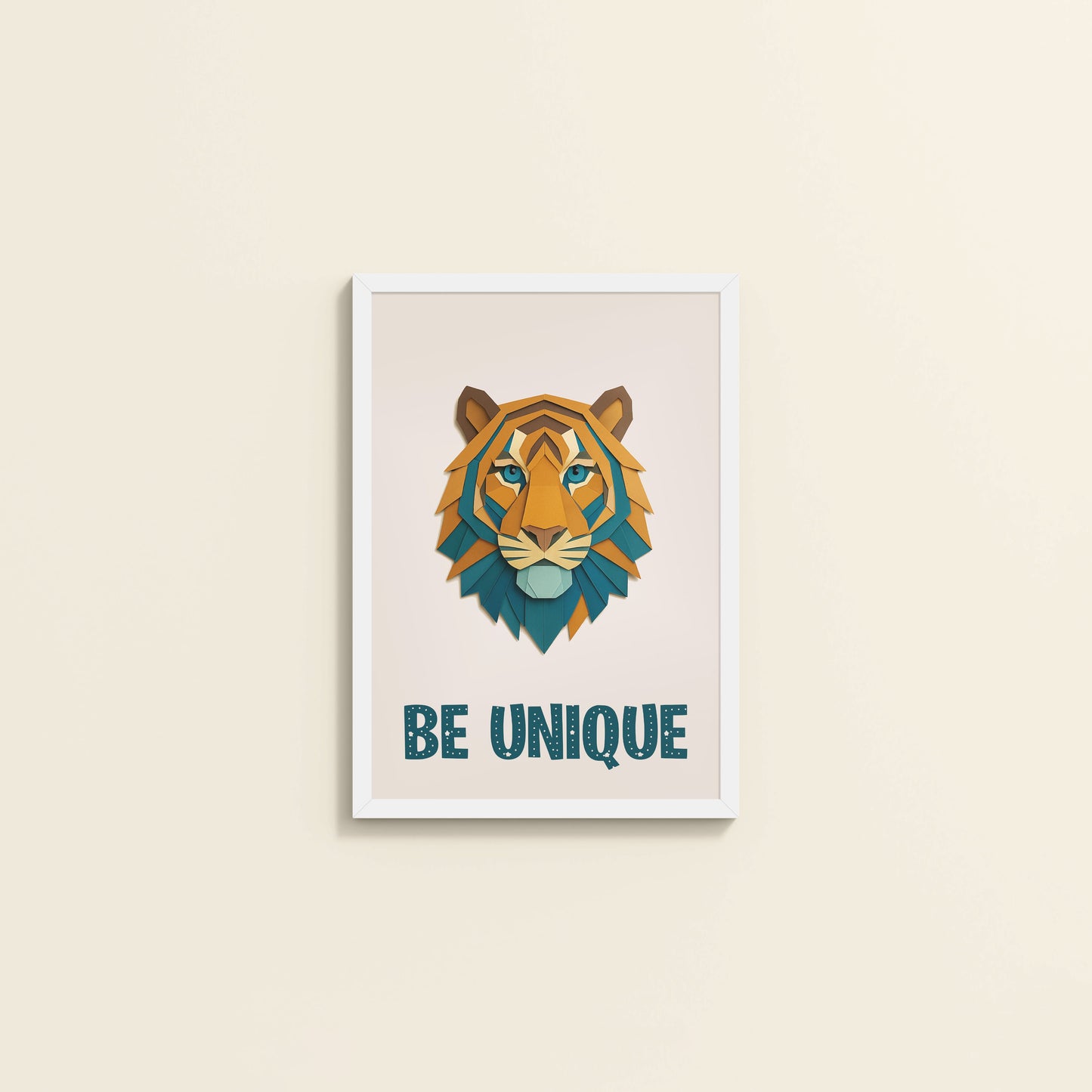 Wall View of Be Unique Geometric Tiger Wall Art Frame in White Color Frame