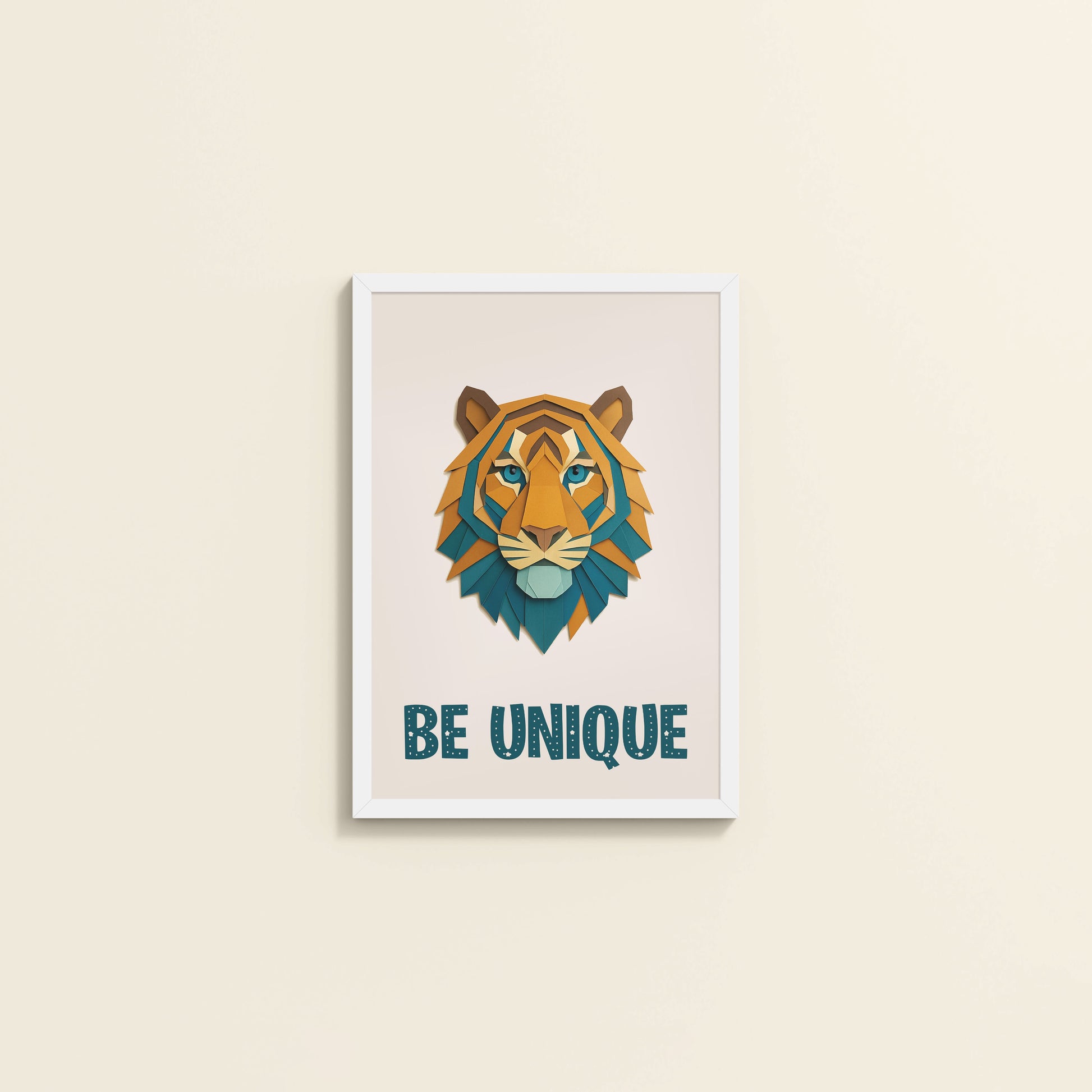 Wall View of Be Unique Geometric Tiger Wall Art Frame in White Color Frame