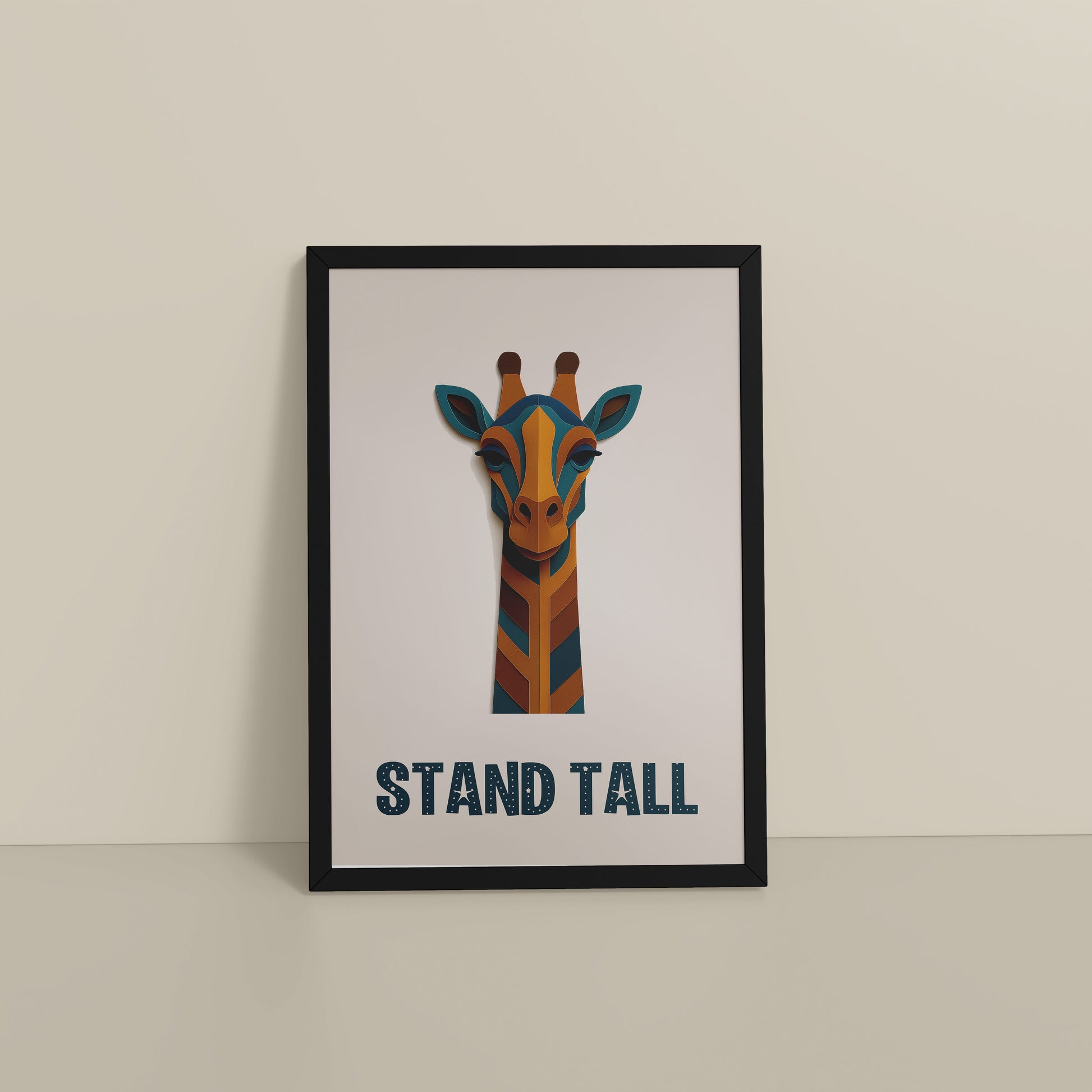 Floor View of Stand Tall Inspirational Giraffe Wall Decor in Black Color Frame