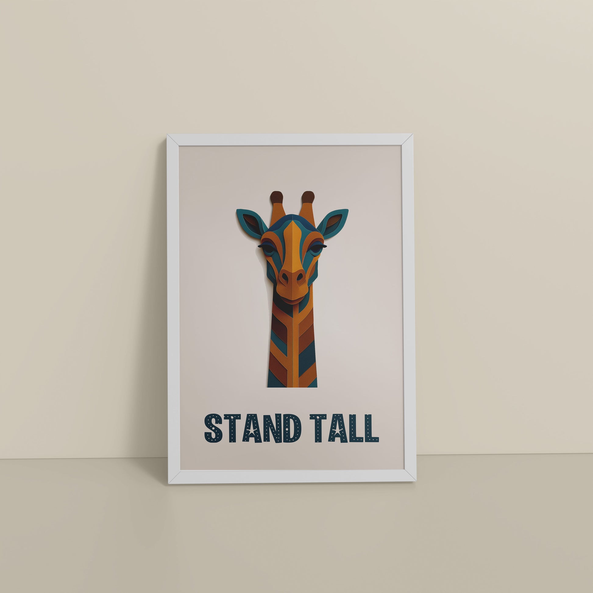 Floor View of Stand Tall Inspirational Giraffe Wall Decor in White Color Frame