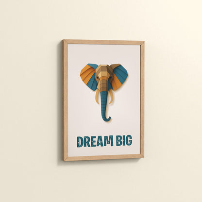 Side View of Dream Big Elephant Wall Art Decor in Natrual Color Frame