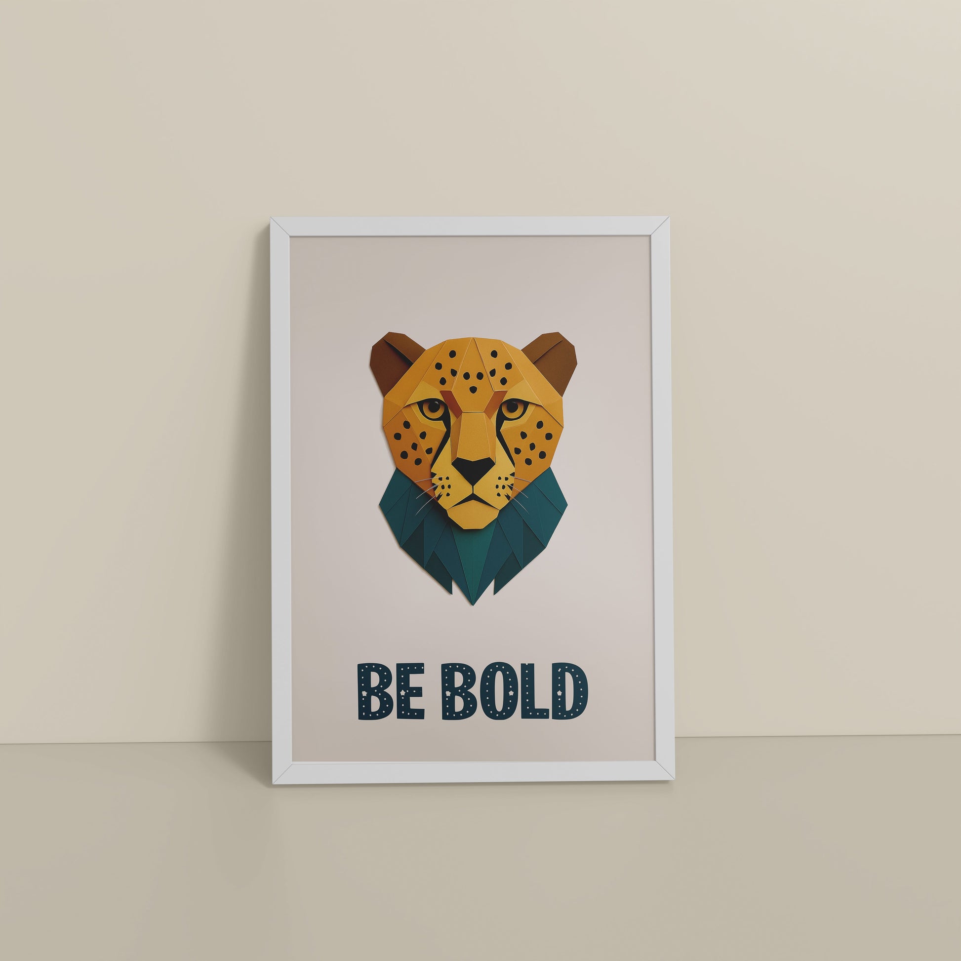 Floor View of Be Bold Like a Cheetah – Motivational Photo Frame in White Color Frame