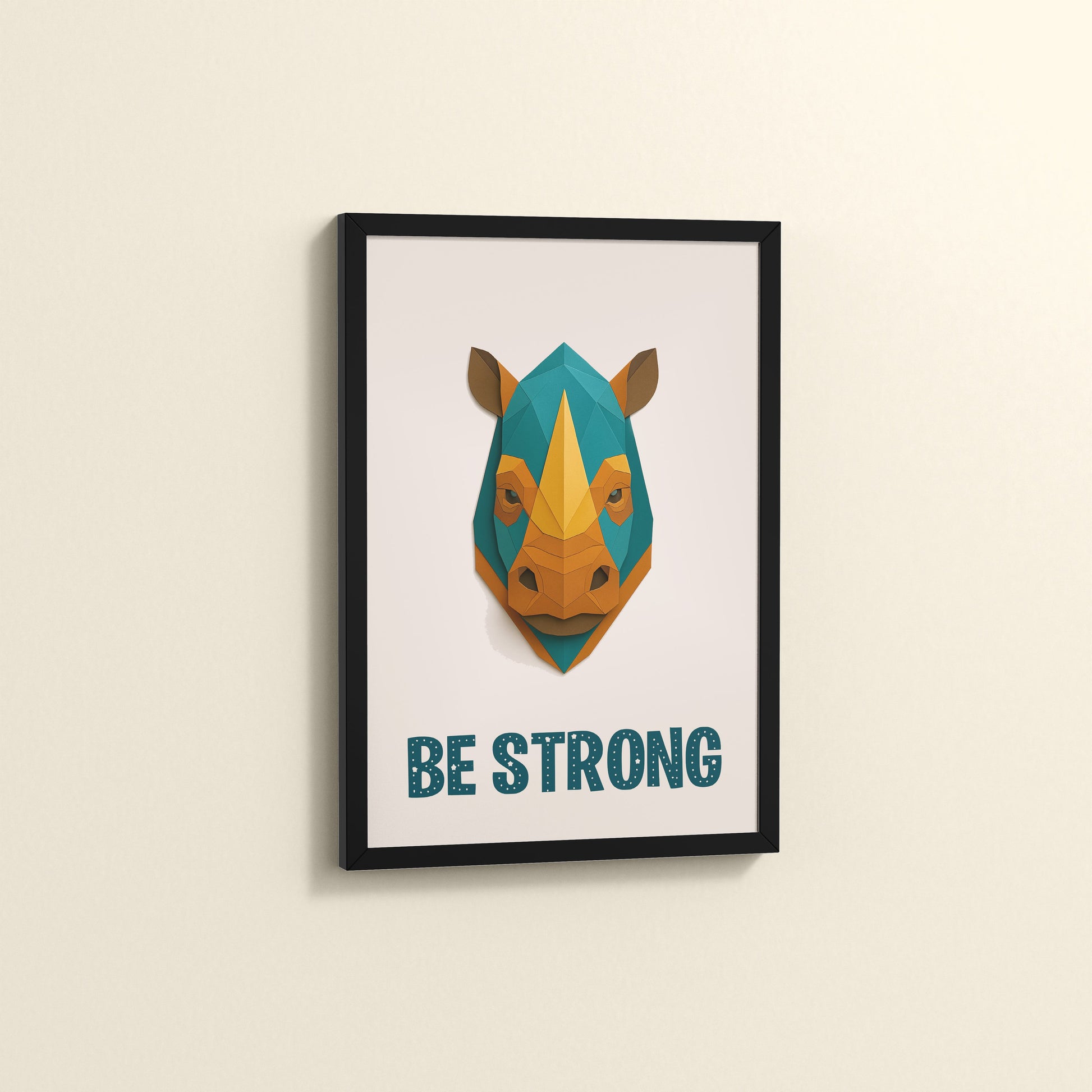 Side View of Be Strong Like a Rhino Inspirational Wall Decor in Black Color Frame