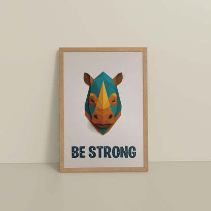 Floor View of Be Strong Like a Rhino Inspirational Wall Decor in Natrual Color Frame