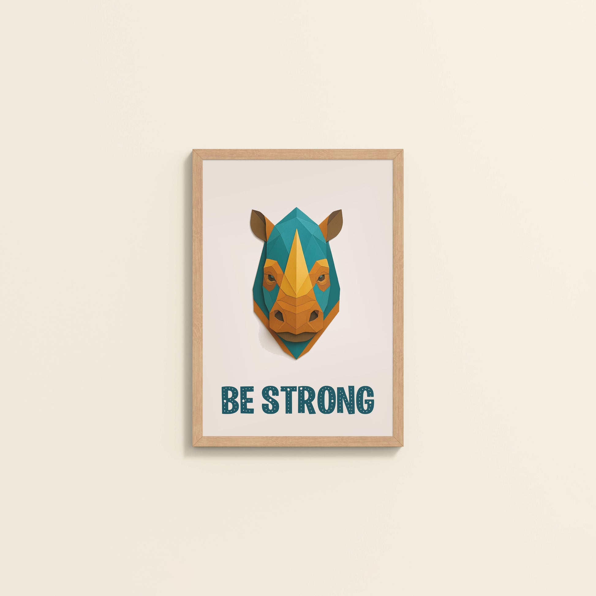 Wall View of Be Strong Like a Rhino Inspirational Wall Decor in Natrual Color Frame