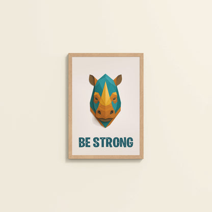 Wall View of Be Strong Like a Rhino Inspirational Wall Decor in Natrual Color Frame