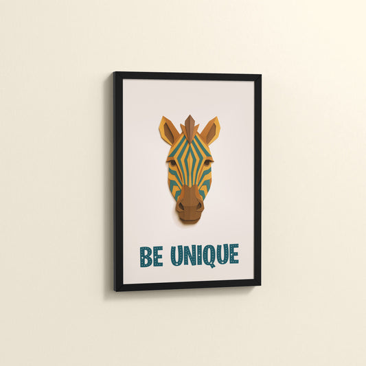 Side View of Be Unique – Zebra Wall Painting in Black Color Frame