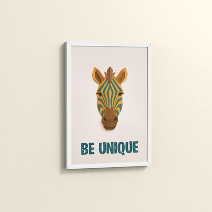 Side View of Be Unique – Zebra Wall Painting in White Color Frame