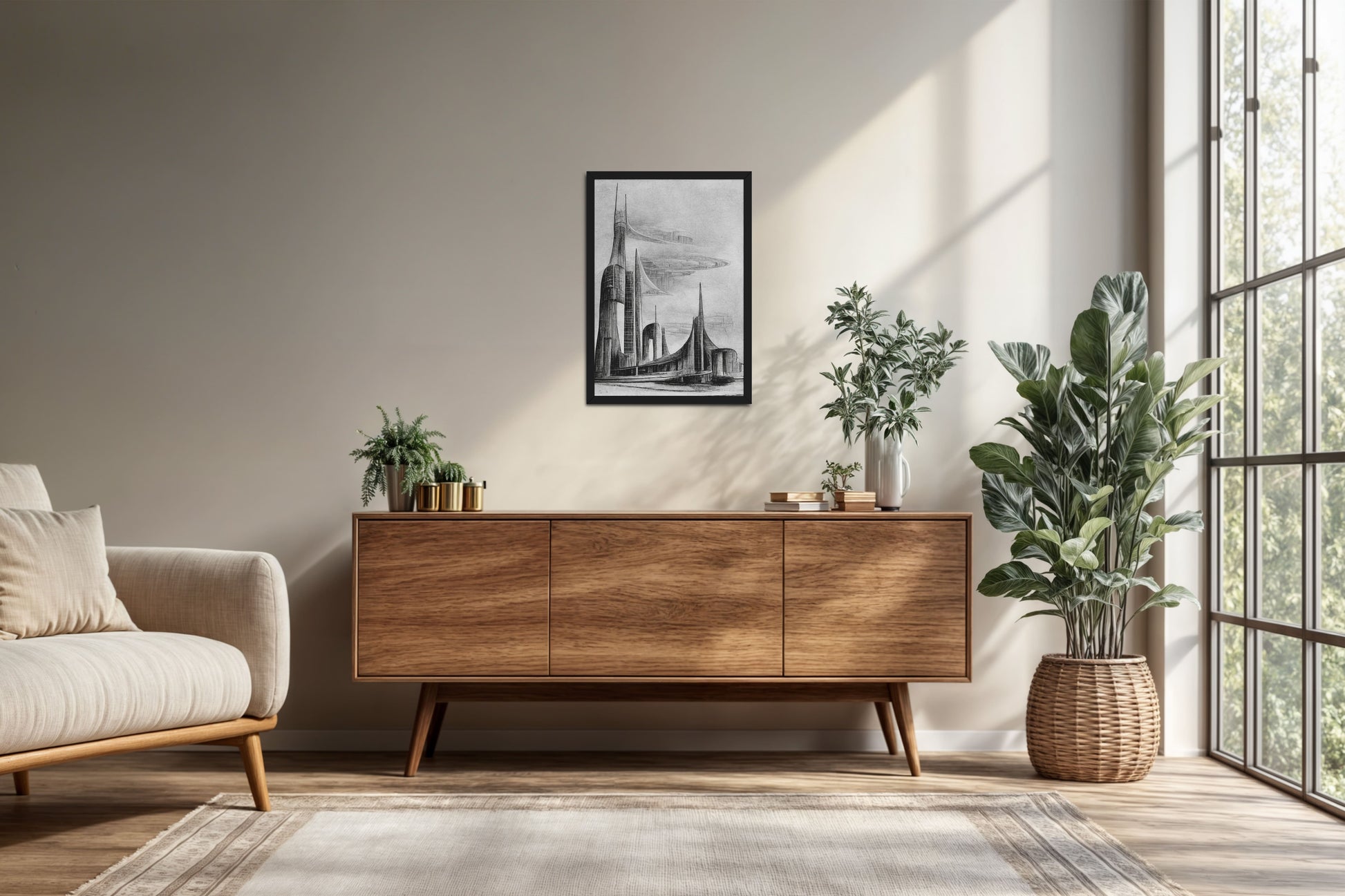 Living Room Cabinet Preview of Architectural Dream – Pencil Sketch of the Future City Frame in Black Color Frame