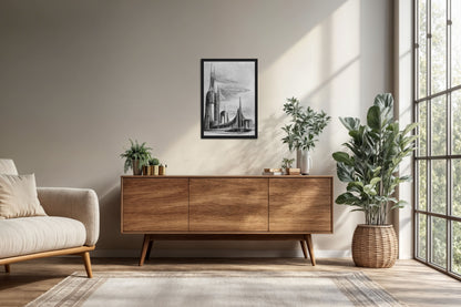 Living Room Cabinet Preview of Architectural Dream – Pencil Sketch of the Future City Frame in Black Color Frame
