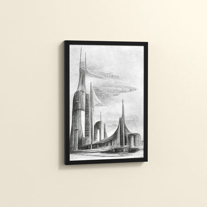 Side View of Architectural Dream – Pencil Sketch of the Future City Frame in Black Color Frame