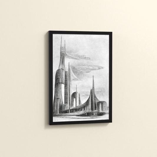 Side View of Architectural Dream – Pencil Sketch of the Future City Frame in Black Color Frame
