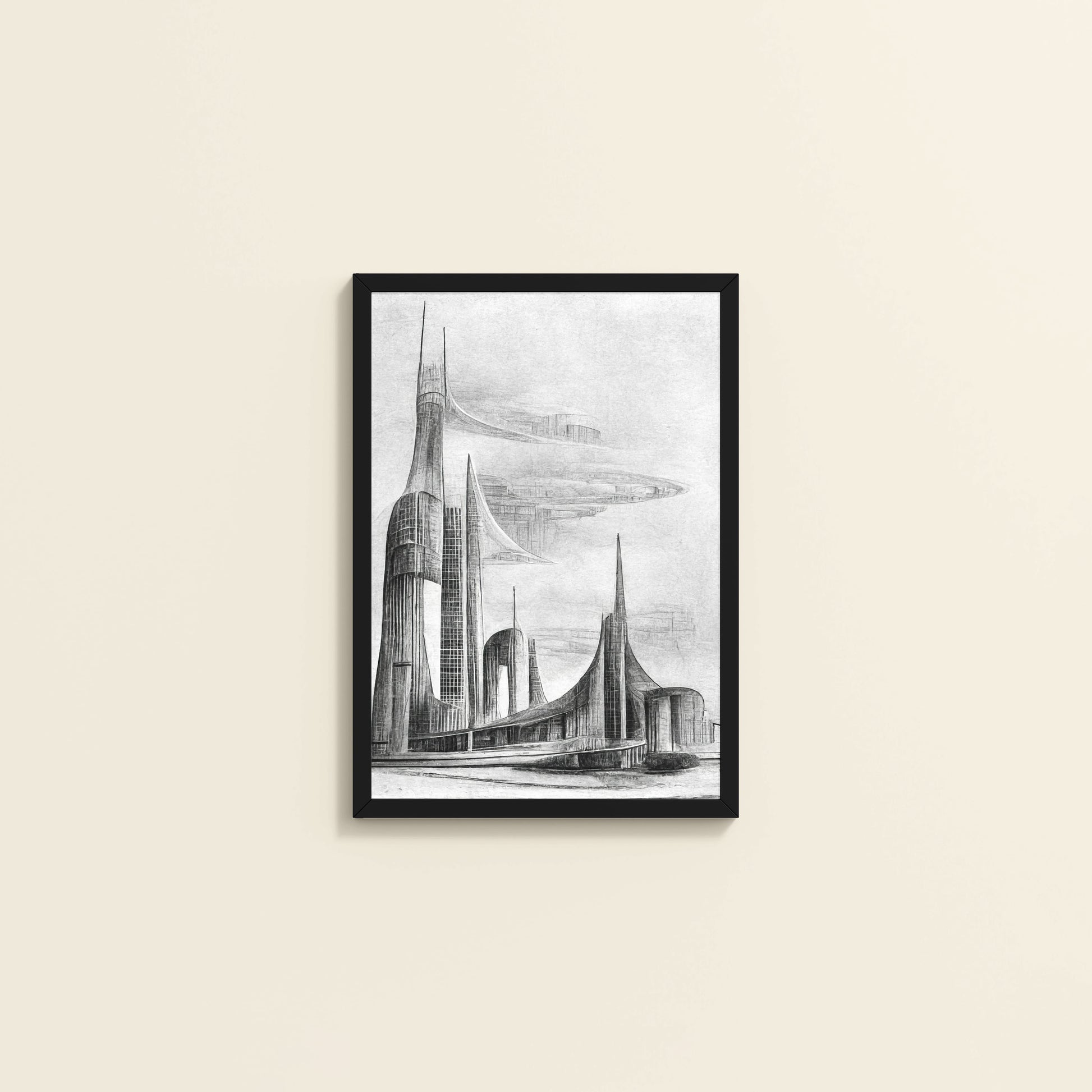 Wall View of Architectural Dream – Pencil Sketch of the Future City Frame in Black Color Frame