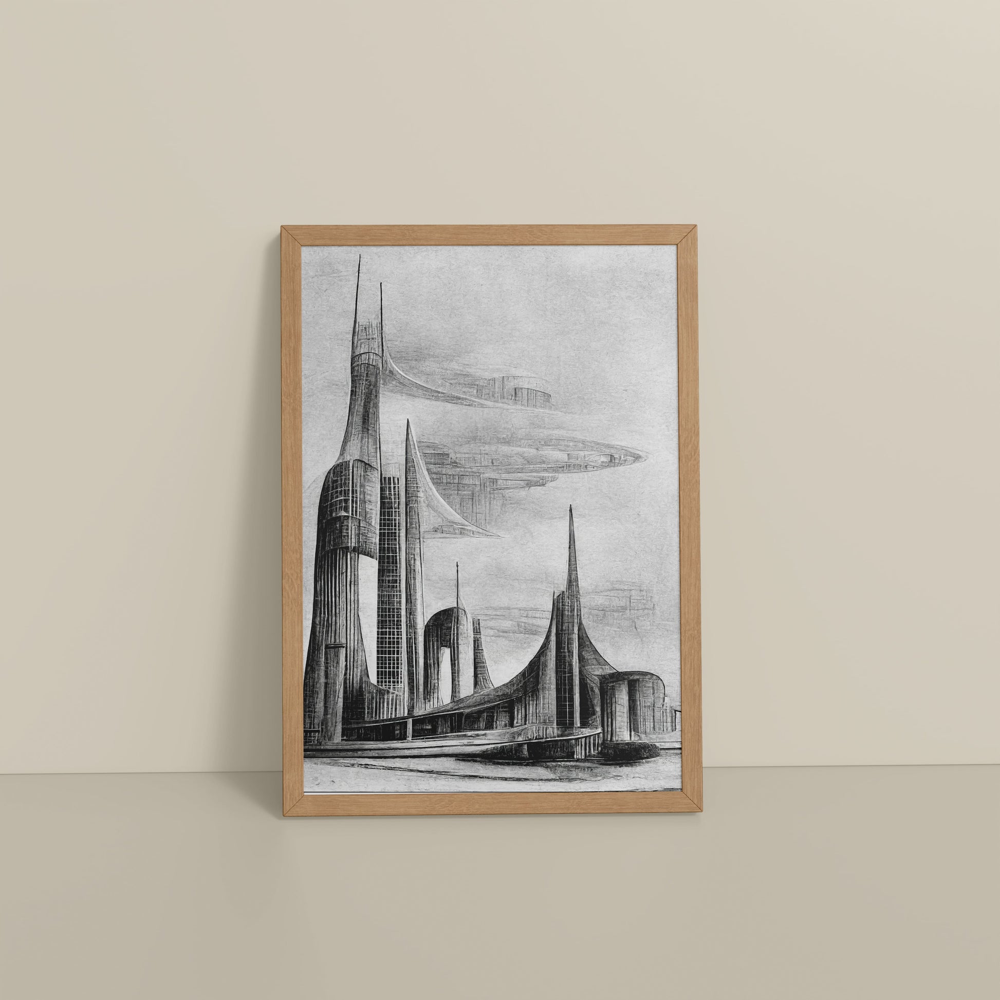 Floor View of Architectural Dream – Pencil Sketch of the Future City Frame in Natrual Color Frame
