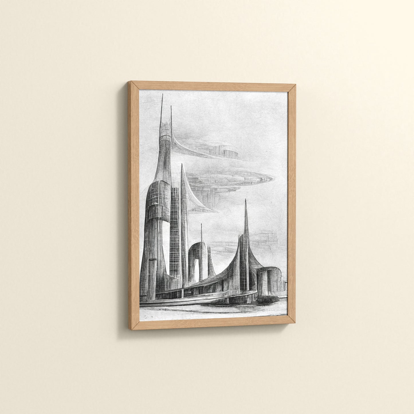 Side View of Architectural Dream – Pencil Sketch of the Future City Frame in Natrual Color Frame