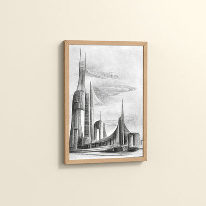 Side View of Architectural Dream – Pencil Sketch of the Future City Frame in Natrual Color Frame