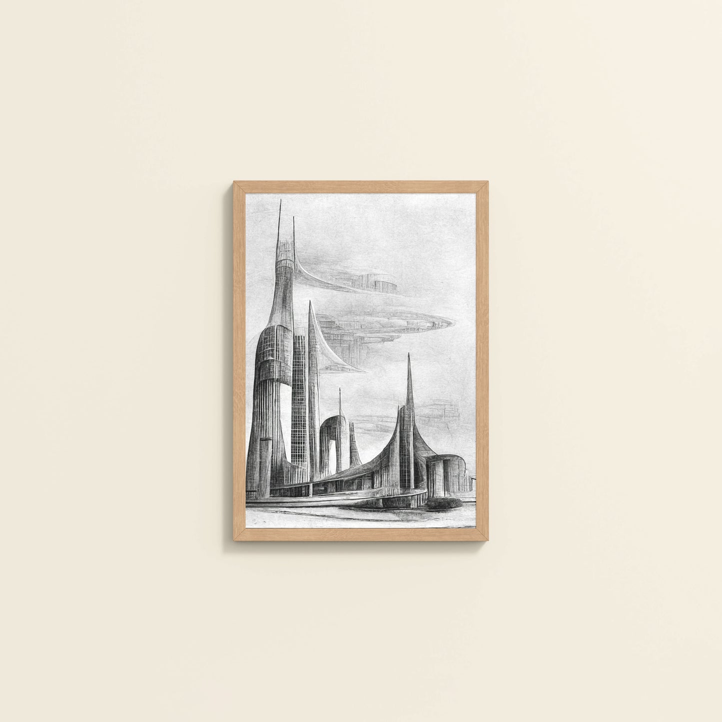 Wall View of Architectural Dream – Pencil Sketch of the Future City Frame in Natrual Color Frame