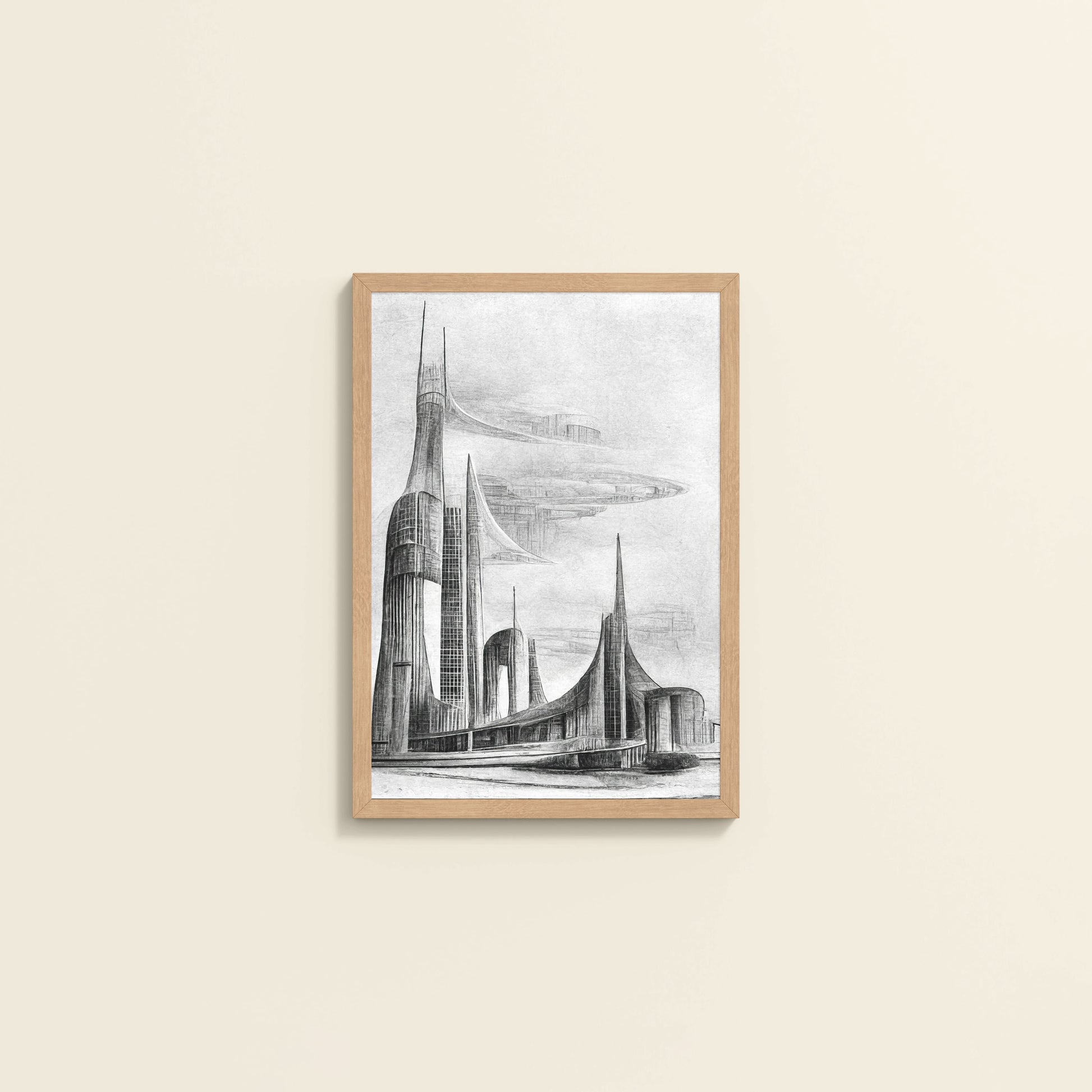 Wall View of Architectural Dream – Pencil Sketch of the Future City Frame in Natrual Color Frame